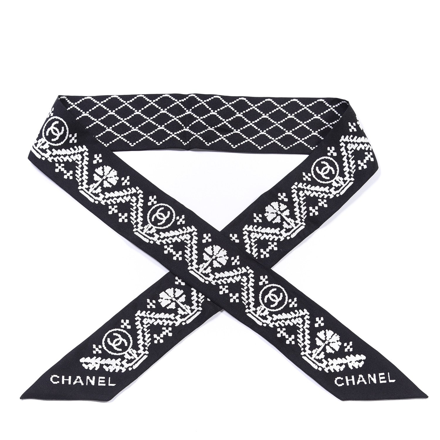 Chanel Silk CC Slim Bandeau Scarf Black White 1 of 3