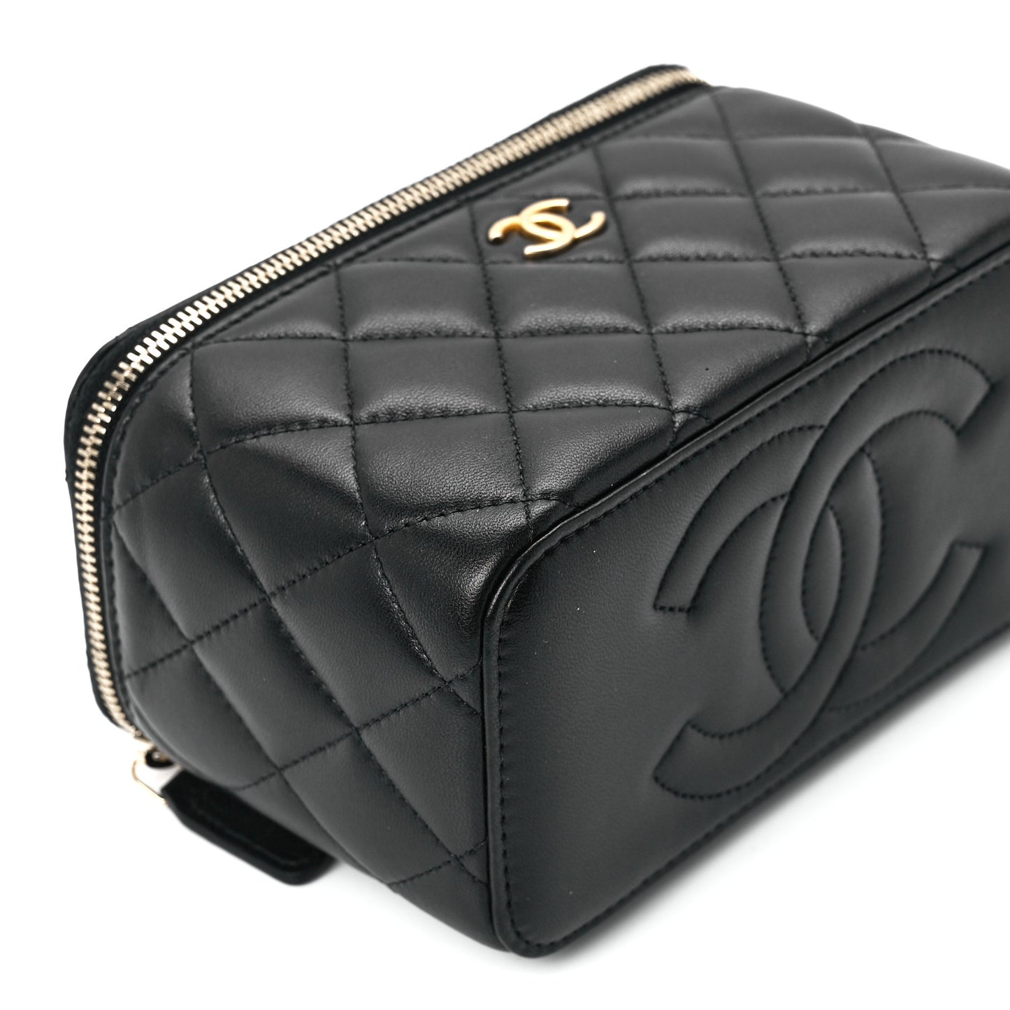 Lambskin Quilted Metal Small Top Handle Vanity Case With Chain Black