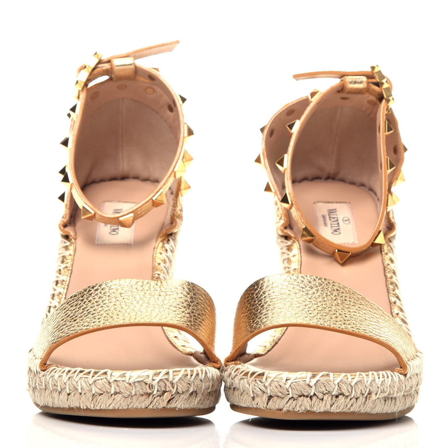 Metallic Pebbled Calfskin Rockstud Ankle Strap Espadrille 15/105mm Wedge Sandals 39 Antique Brass Natural