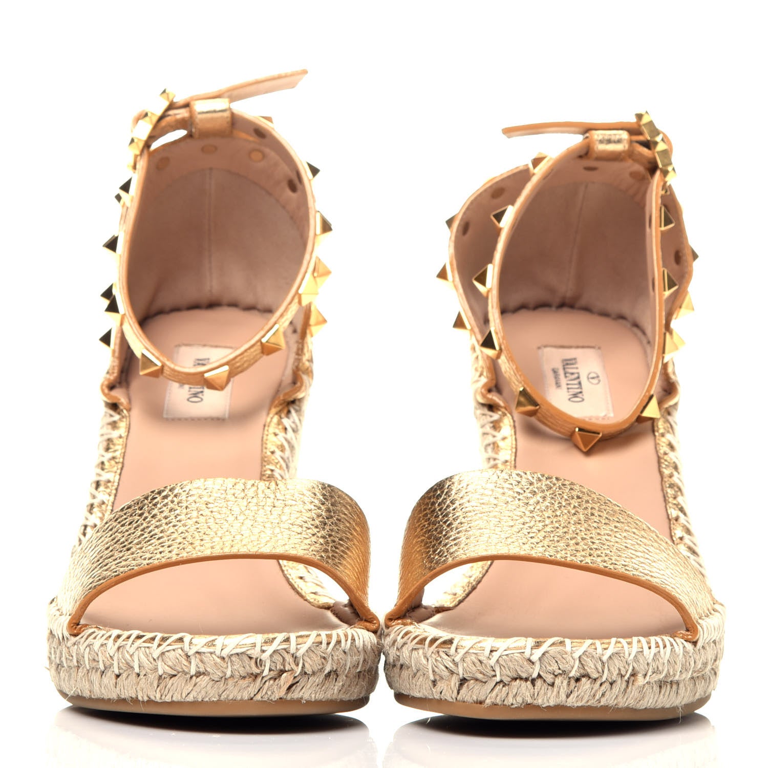 Valentino Garavani Metallic Pebbled Calfskin Rockstud Ankle Strap Espadrille 15/105mm Wedge Sandals 39 Antique Brass Natural 2 of 8