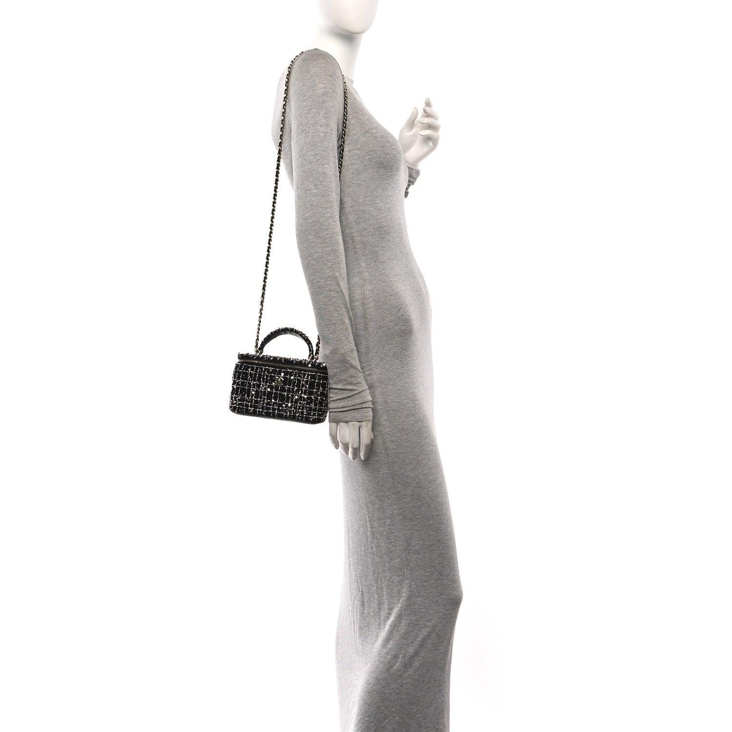 Chanel Tweed Sequin Small Top Handle Vanity Case With Chain Black White 2 of 11
