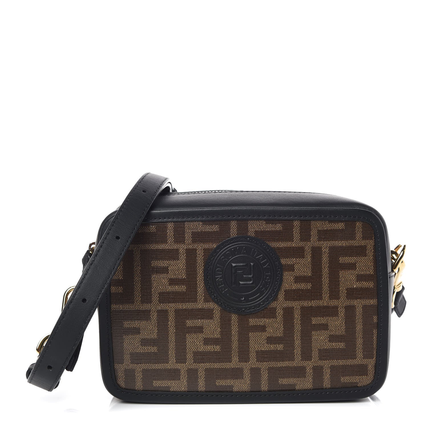 Fendi Glazed Fabric Vitello Century FF 1974 Stamp Patch Mini Camera Case Mogano Panna Black 1 of 9