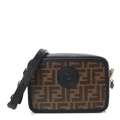 Fendi Glazed Fabric Vitello Century FF 1974 Stamp Patch Mini Camera Case Mogano Panna Black 1 of 9