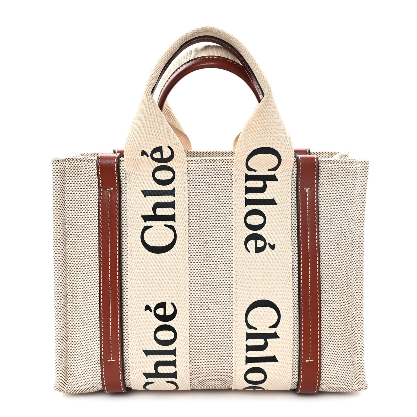 Linen Calfskin Small Woody Ribbon Tote With Strap White Brown