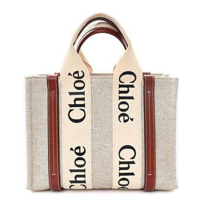 Chloe Linen Calfskin Small Woody Ribbon Tote With Strap White Brown 1 of 11