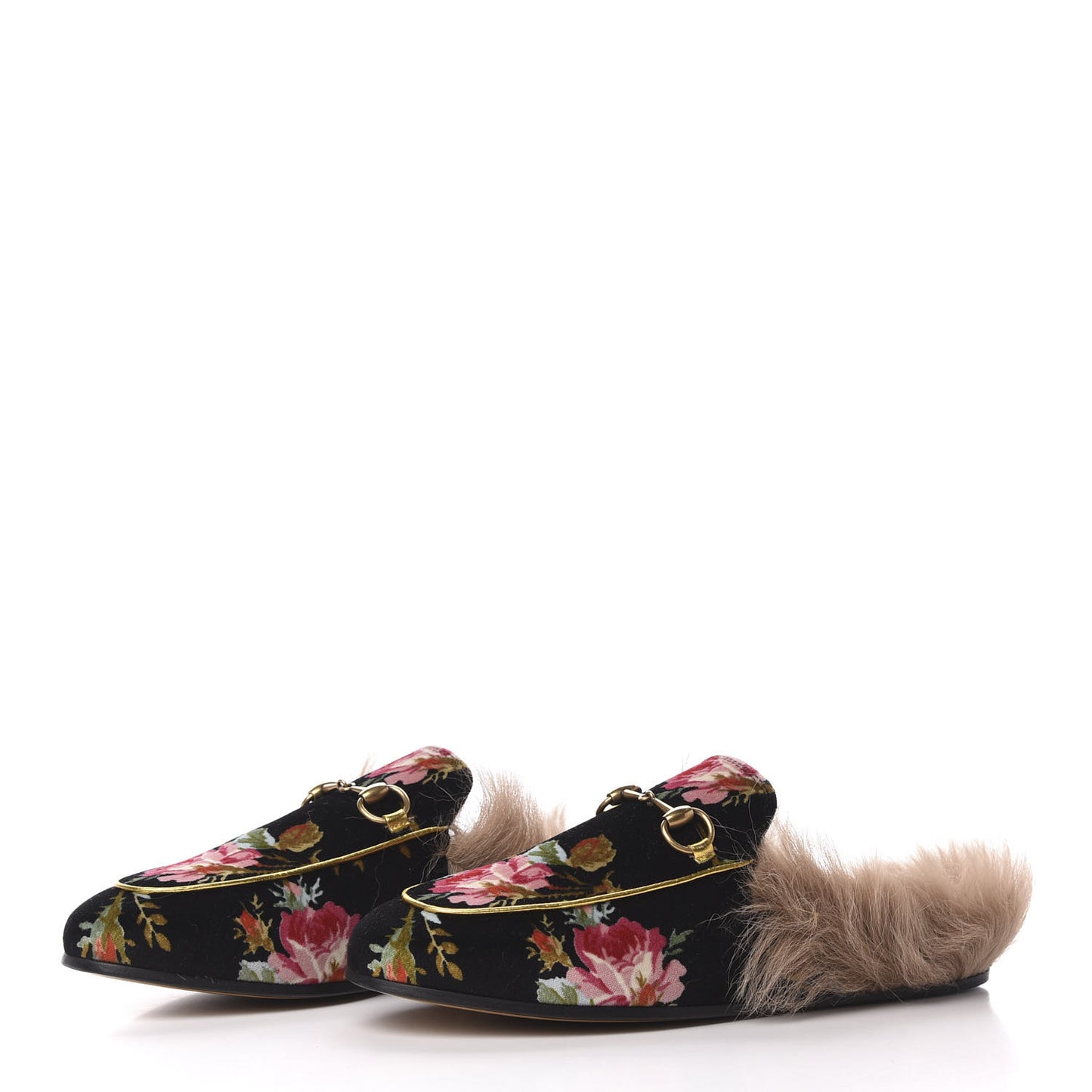 Velvet Fur Floral Princetown Slippers 36.5 Black