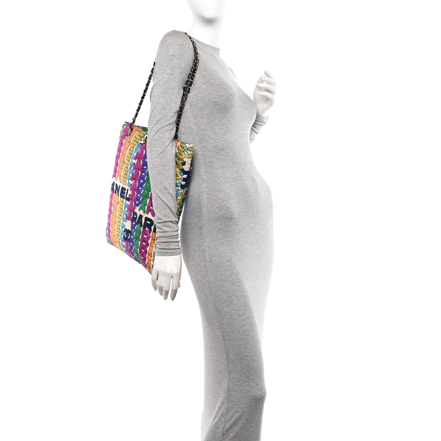Printed Fabric Quilted Logo Large Shopping Tote Multicolor