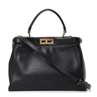 Fendi Vitello Morgan Fabric Jacquard Pequin Medium Peekaboo Iconic Satchel Black Tobacco 2 of 12
