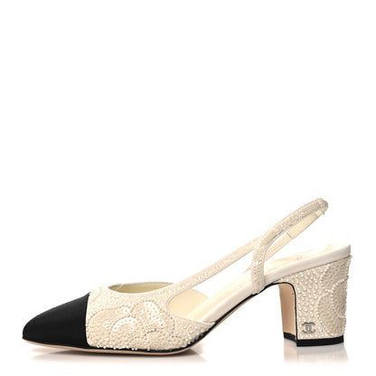 Chanel Strass Sequin Grosgrain Cap Toe CC Slingback Pumps 40 White Black 1 of 9