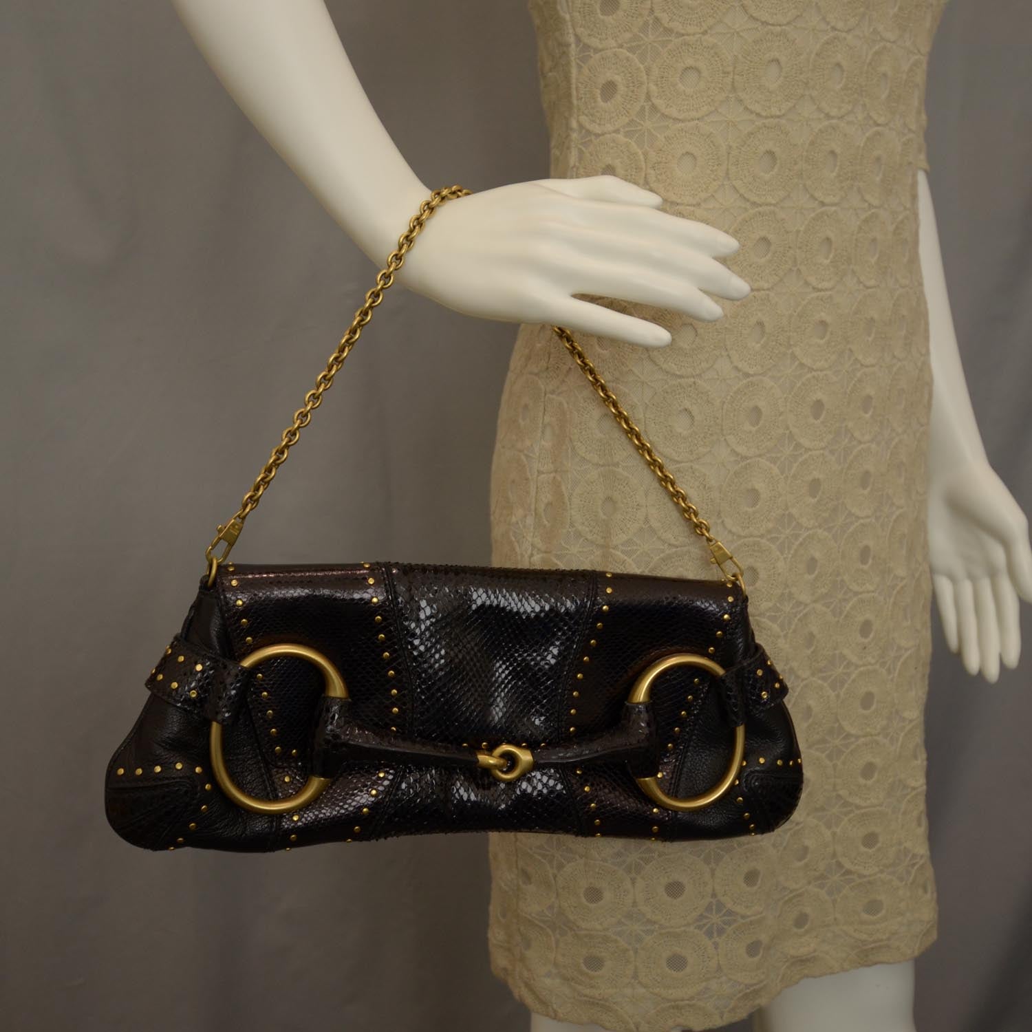 Gucci Python Studded Large Horsebit Chain Clutch Black 2 of 7