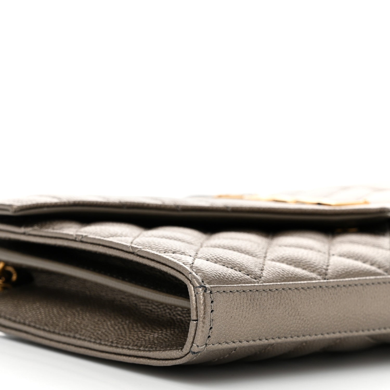 Saint Laurent Metallic Grain De Poudre Mixed Matelasse Triquilt Monogram Chain Wallet Piombo 9 of 12