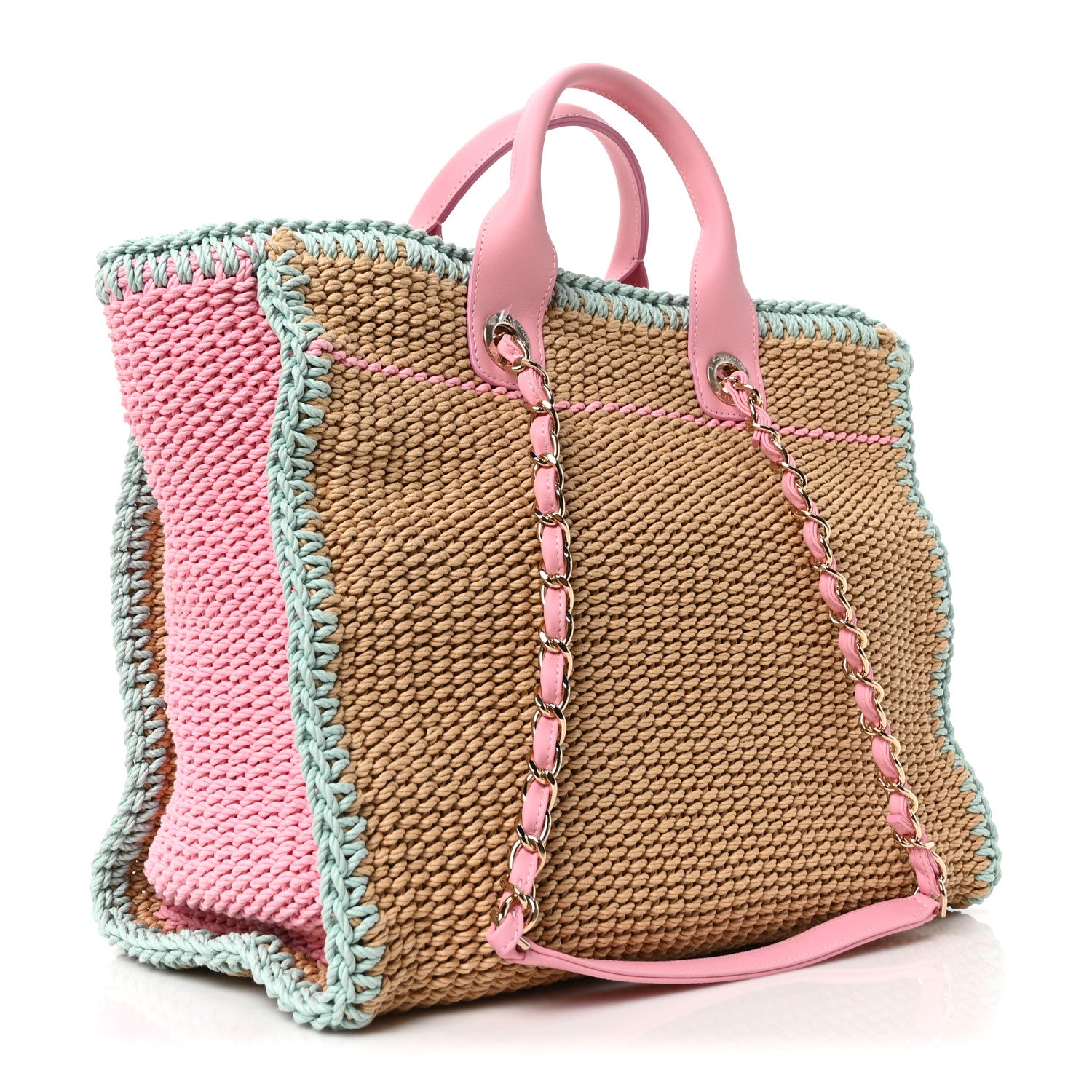 Chanel Raffia Crochet Medium Deauville Tote Beige Light Pink Green