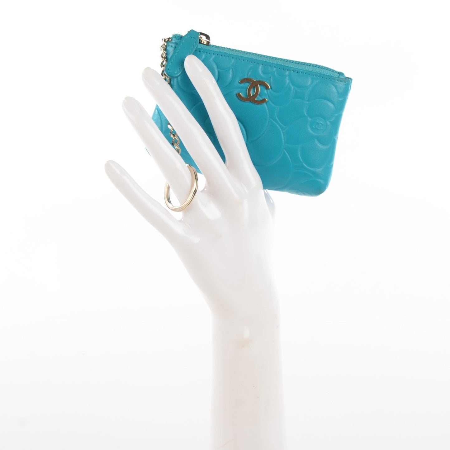 Lambskin Camellia Embossed Key Holder Case Turquoise