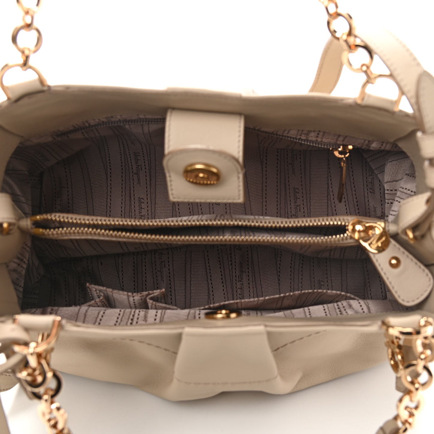Calfskin W Chain Tote Beige
