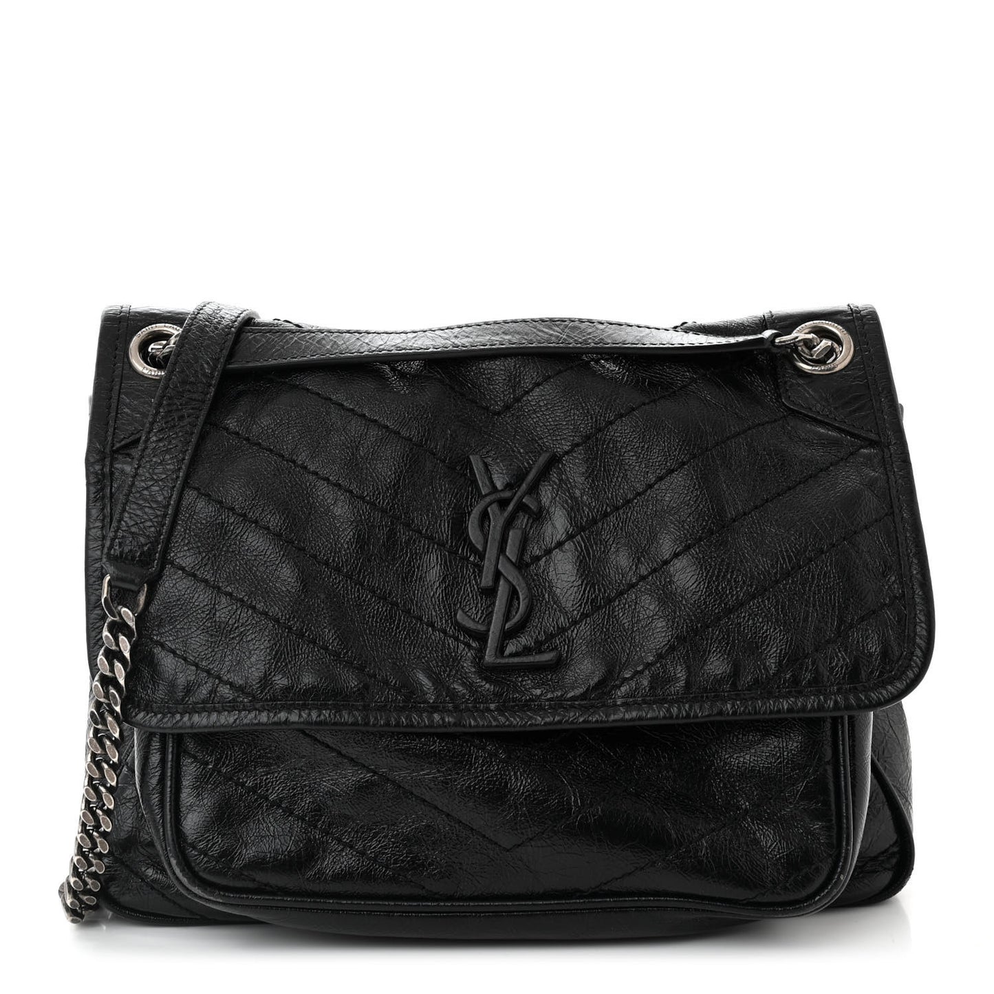 Crinkled Calfskin Matelasse Monogram Medium Niki Chain Satchel Black