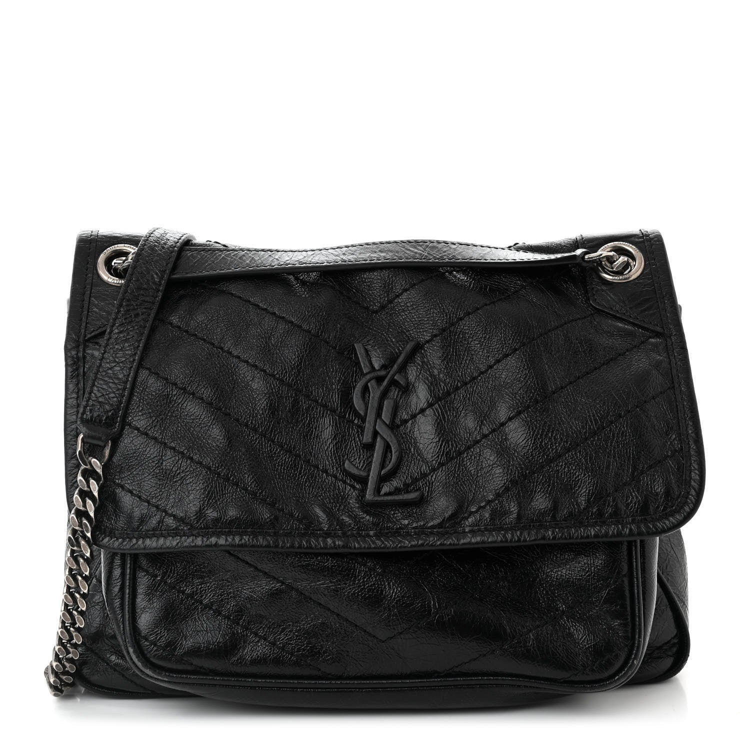 Saint Laurent Crinkled Calfskin Matelasse Monogram Medium Niki Chain Satchel Black 1 of 11