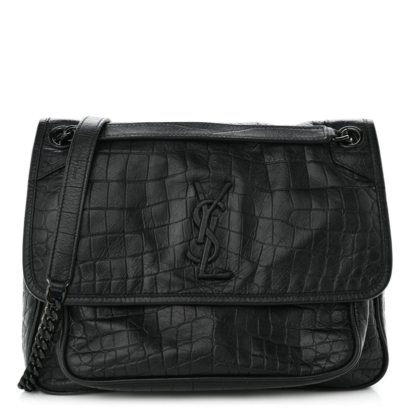Crocodile Embossed Lambskin Monogram Medium Niki Chain Satchel Black
