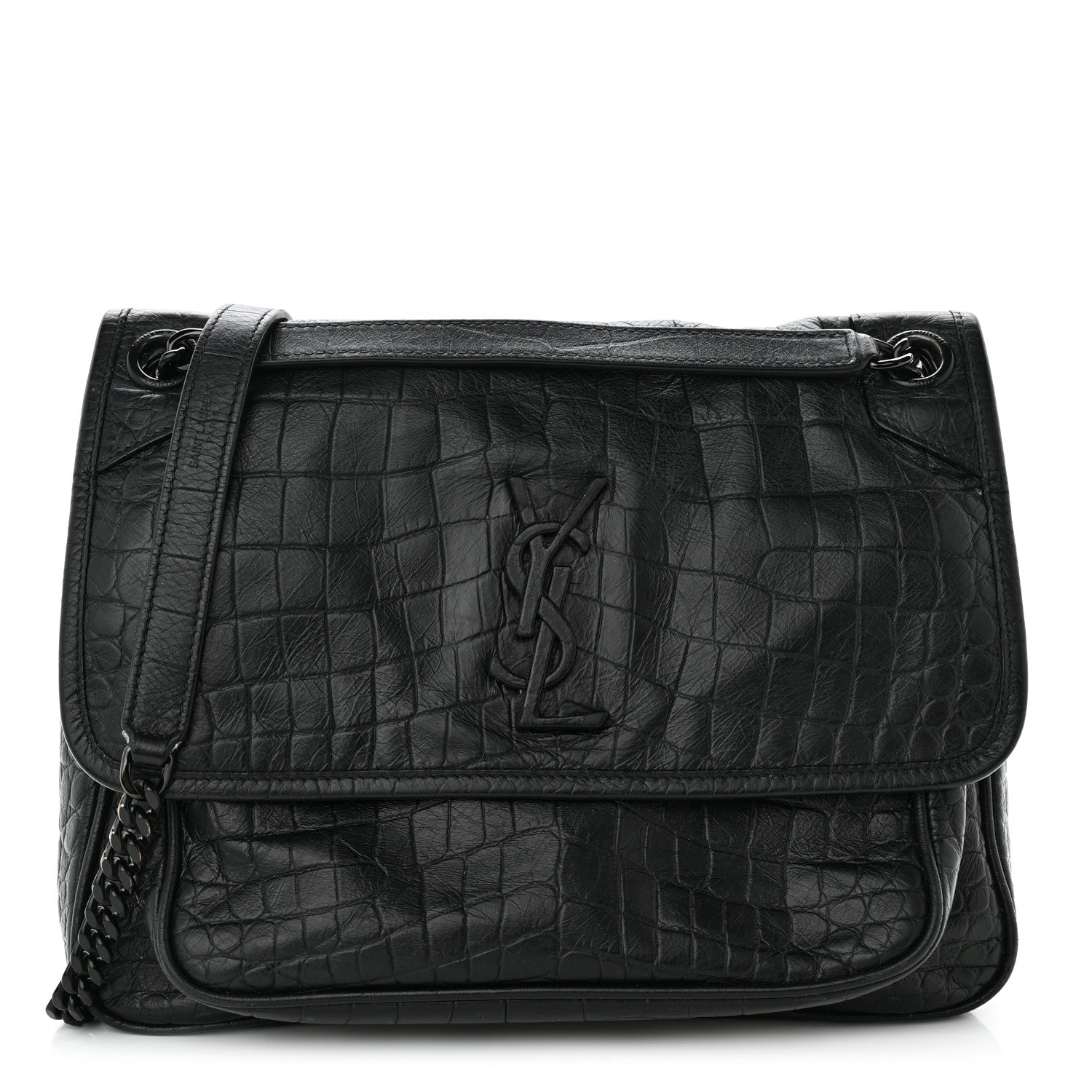 Saint Laurent Crocodile Embossed Lambskin Monogram Medium Niki Chain Satchel Black 1 of 11