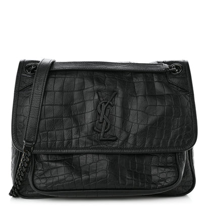 Saint Laurent Crocodile Embossed Lambskin Monogram Medium Niki Chain Satchel Black 1 of 11
