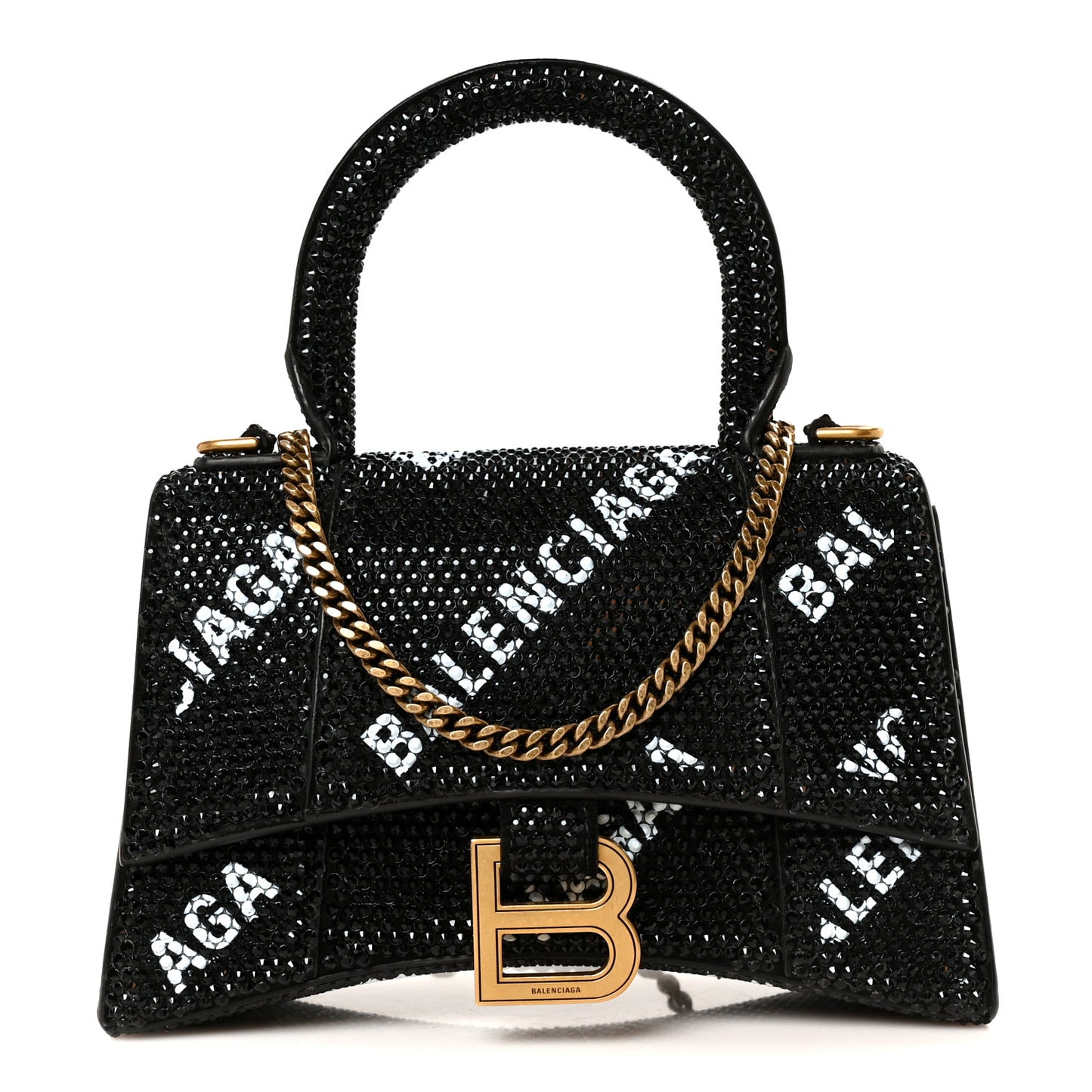 Strass Suede Allover Logo Hourglass Top Handle Bag XS with Chain Black White