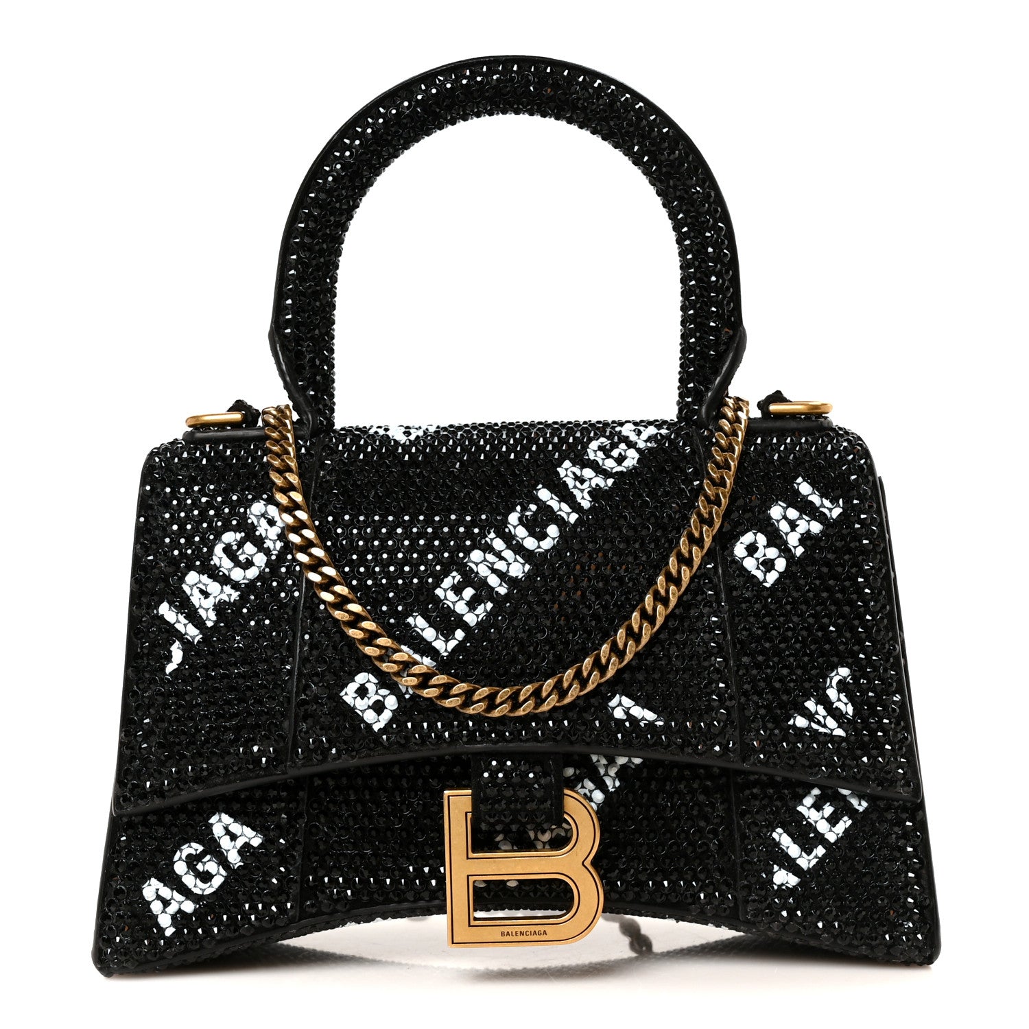 Balenciaga Strass Suede Allover Logo Hourglass Top Handle Bag XS with Chain Black White 1 of 11