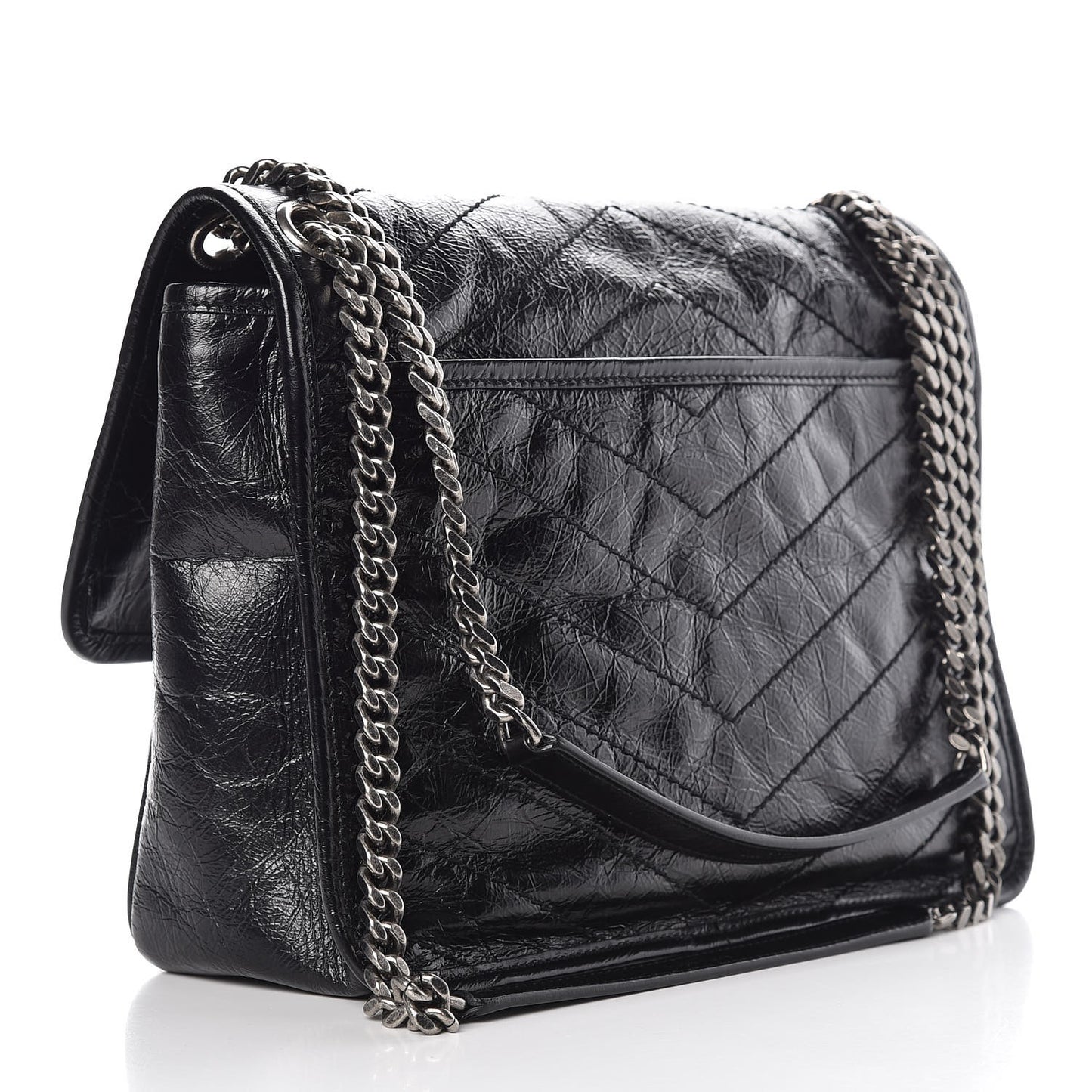Crinkled Calfskin Matelasse Monogram Medium Niki Chain Satchel Black