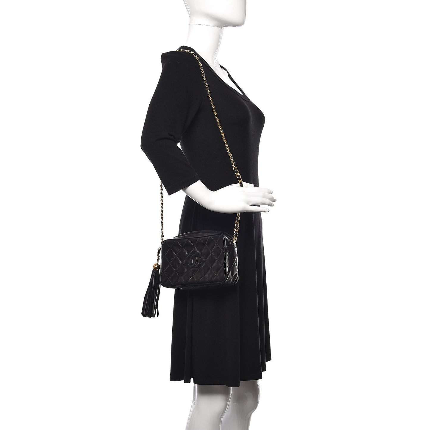 Lambskin Quilted CC Tassel Camera Case Black