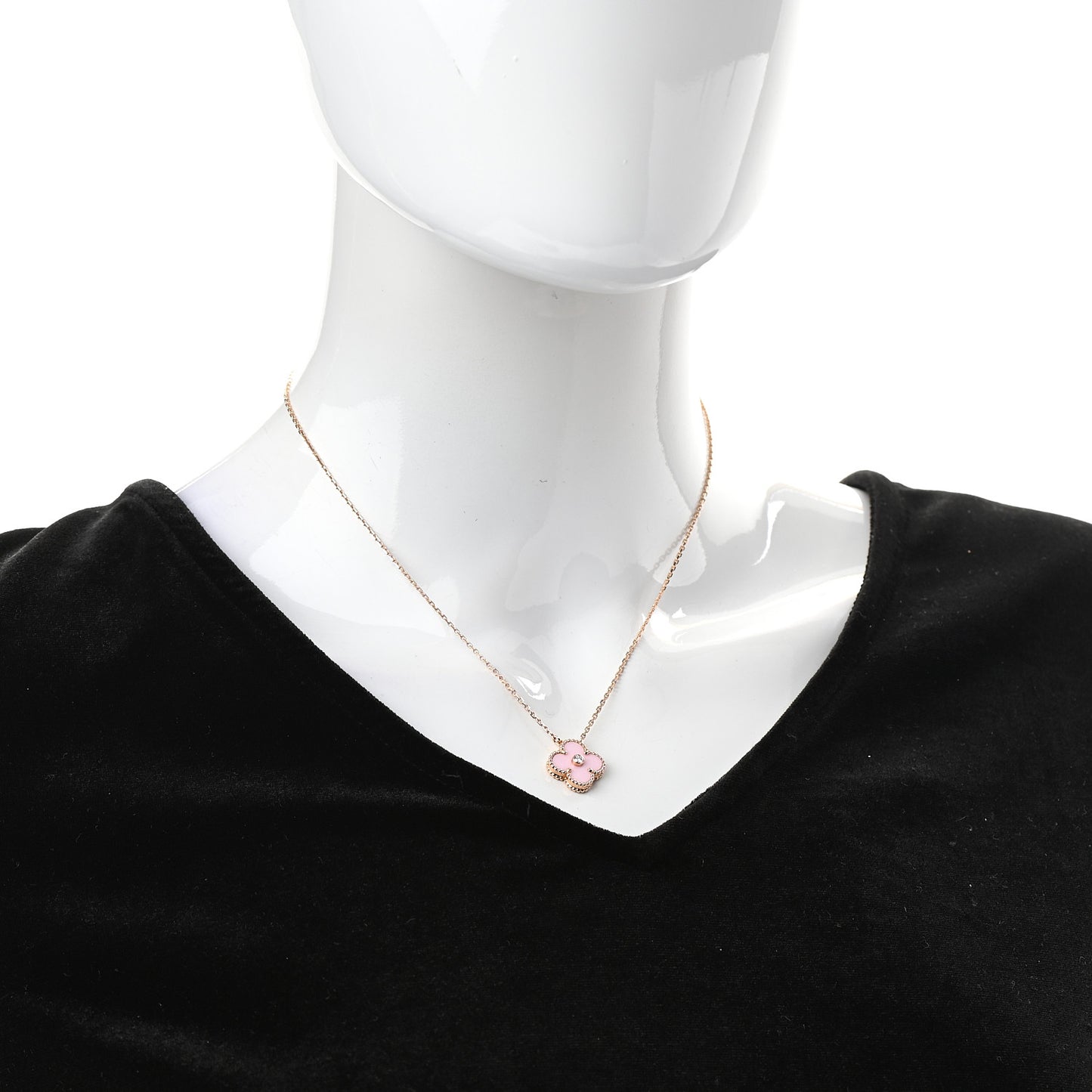 18K Rose Gold Diamond Pink Porcelain Vintage Alhambra Pendant Necklace