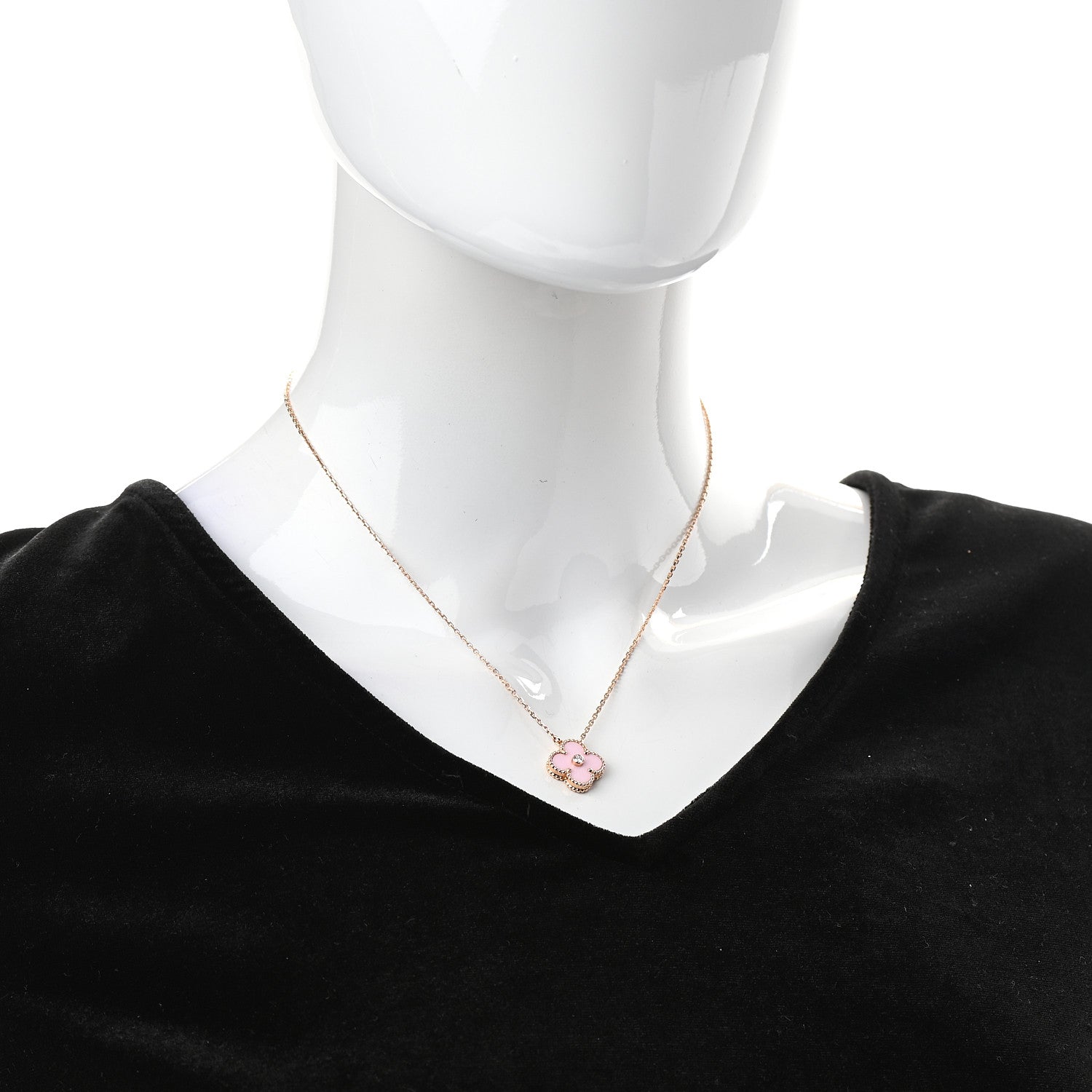 Van Cleef & Arpels 18K Rose Gold Diamond Pink Porcelain Vintage Alhambra Pendant Necklace 2 of 7