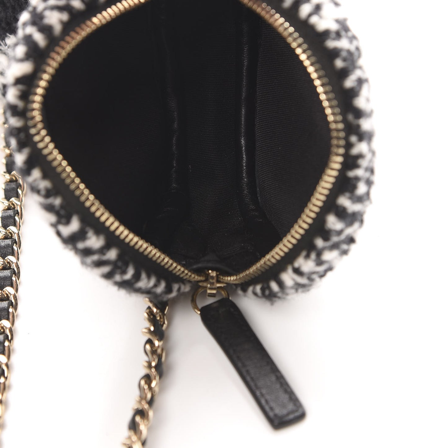 Tweed Shearling Round Clutch With Chain and Coin Purse Black and White