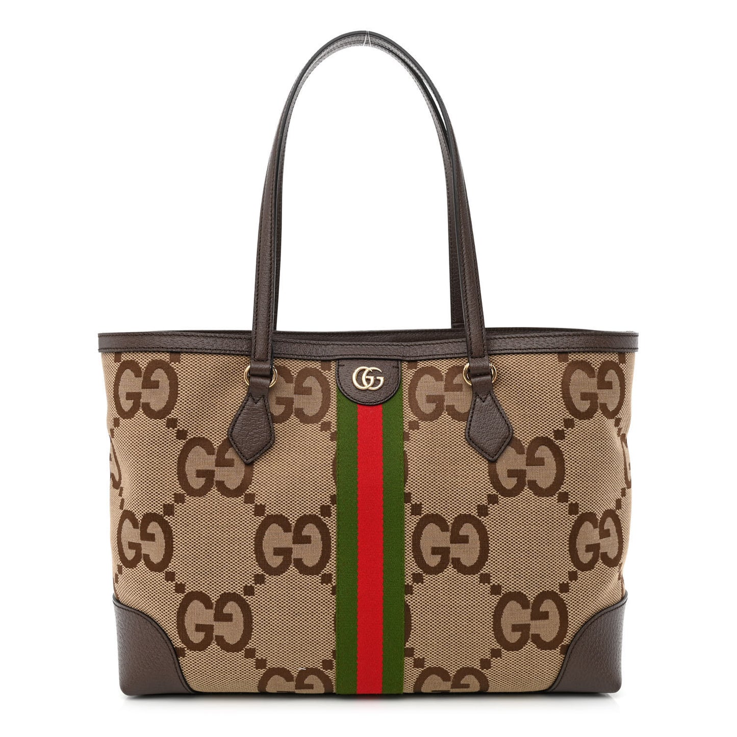 Monogram Jumbo GG Textured Dollar Calfskin Web Medium Ophidia Shopping Tote Camel Ebony