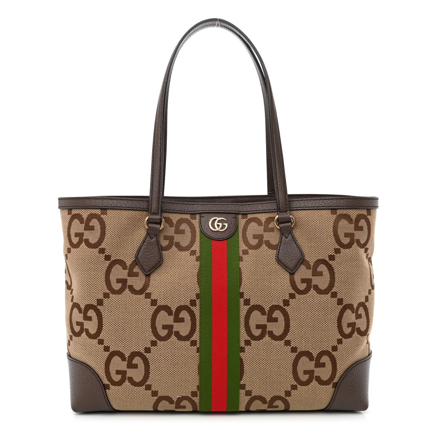 Gucci Monogram Jumbo GG Textured Dollar Calfskin Web Medium Ophidia Shopping Tote Camel Ebony 1 of 10
