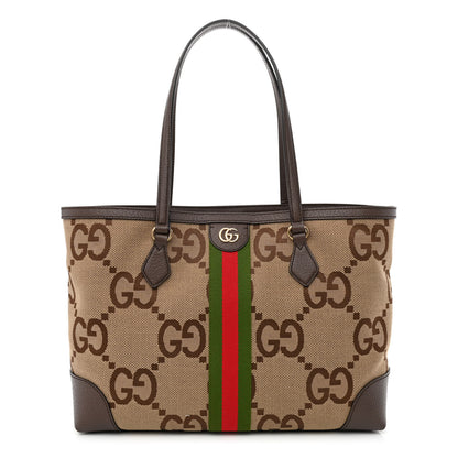 Gucci Monogram Jumbo GG Textured Dollar Calfskin Web Medium Ophidia Shopping Tote Camel Ebony 1 of 10