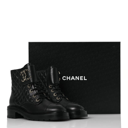 Chanel Shiny Lambskin Quilted Lace Up Combat Boots 38.5 Black 11 of 11
