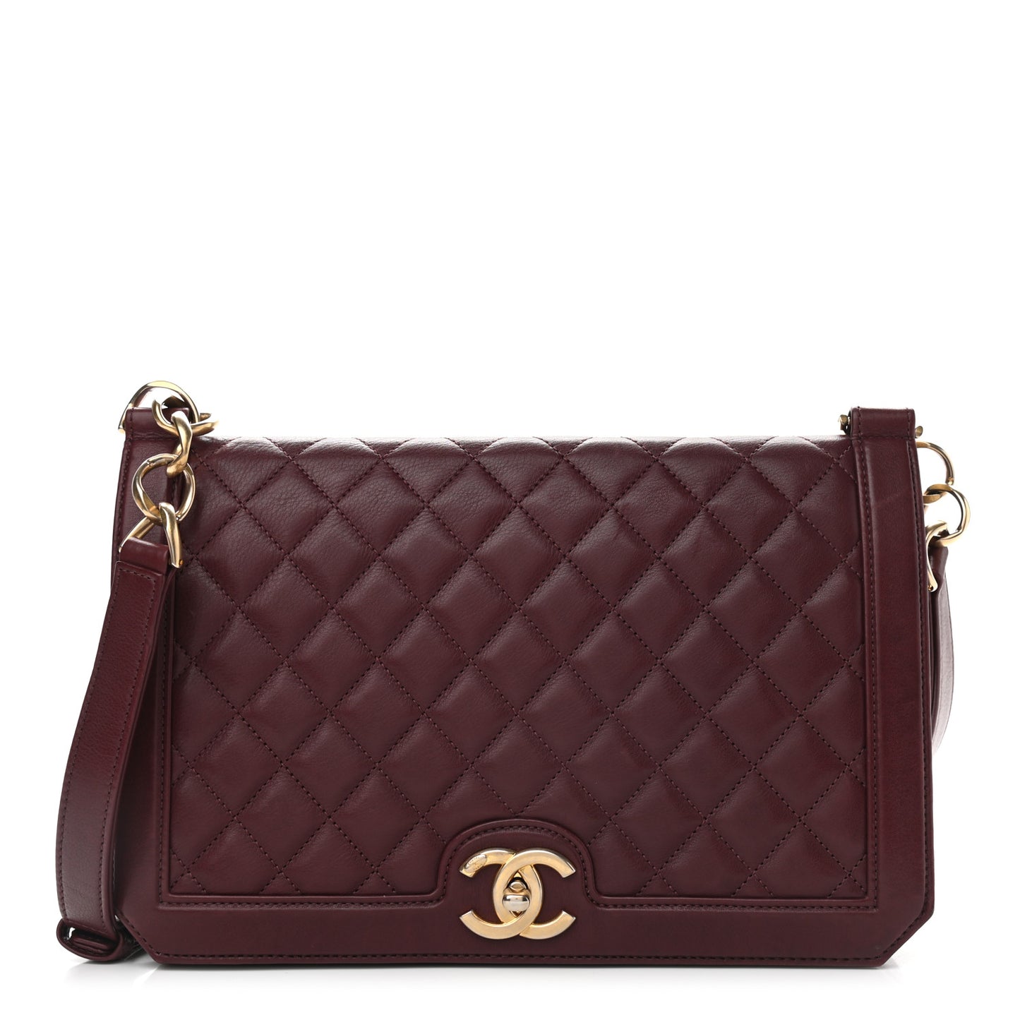 Calfskin Quilted Large Flap Bag Burgundy
