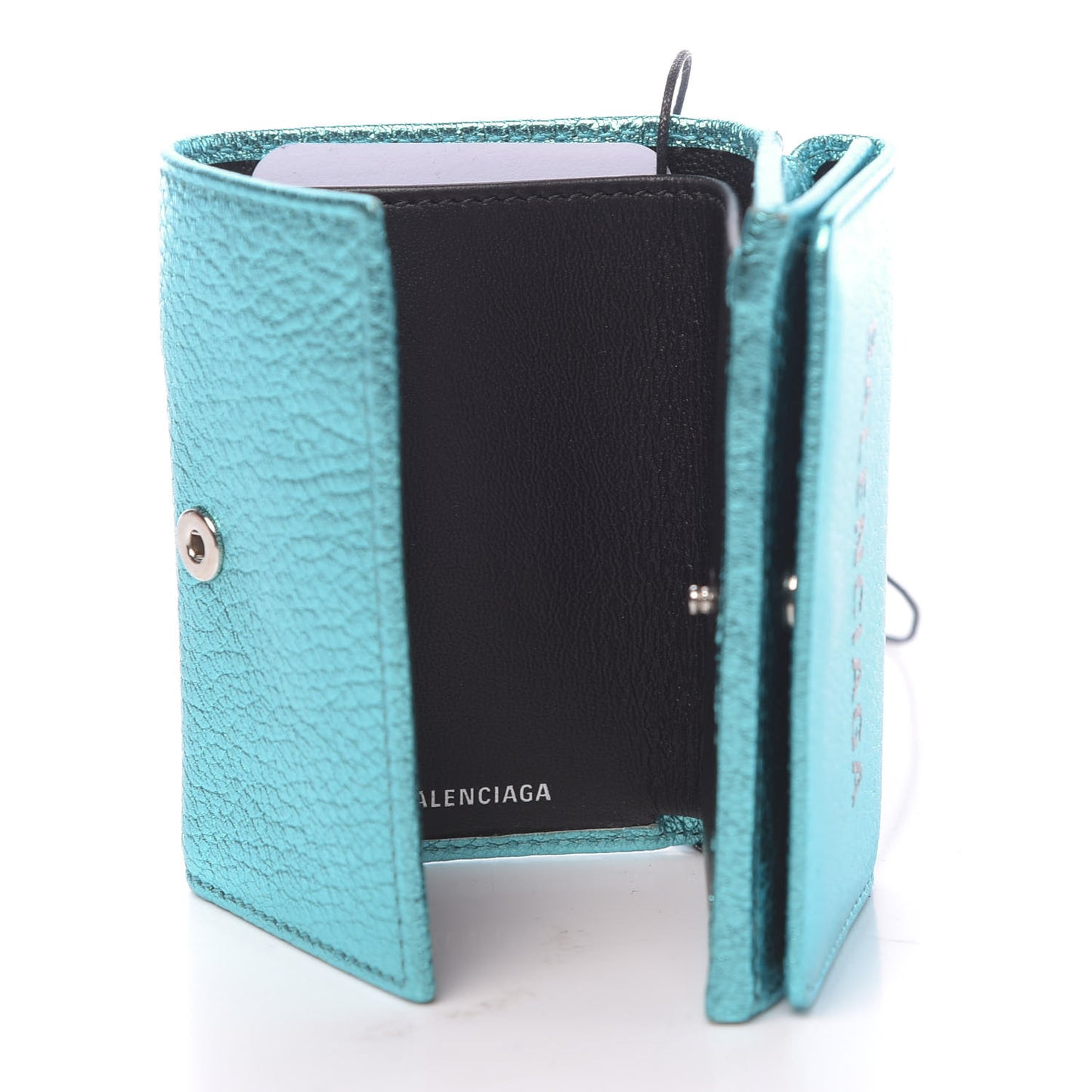 Metallic Goatskin Logo Mini Everyday Wallet Turquoise Black