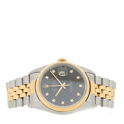 Rolex Stainless Steel 18K Yellow Gold Diamond 36mm Oyster Perpetual Datejust Watch Black 16233 2 of 5