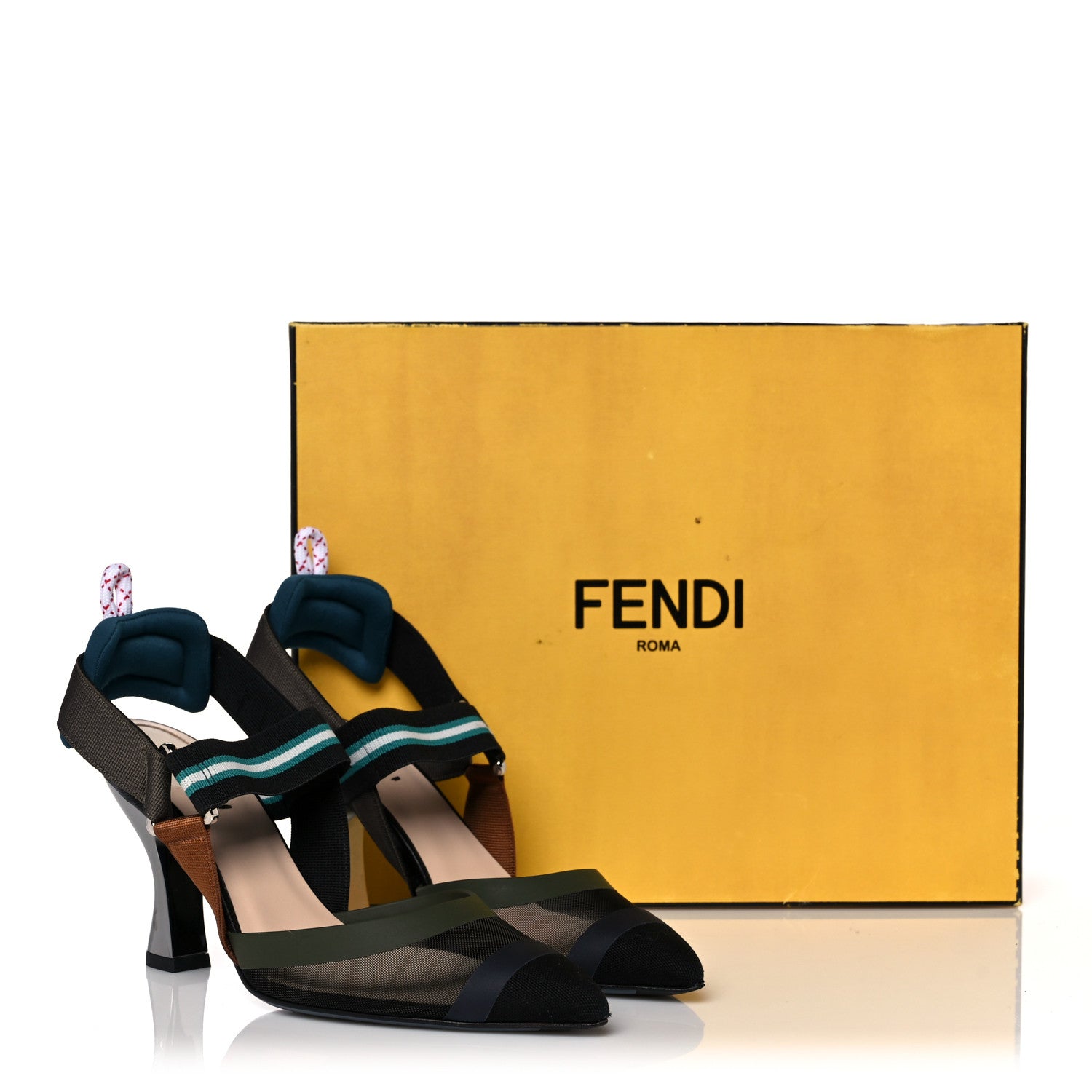 Fendi Technical Mesh Colibri 85mm Slingback Pumps 36.5 Black Verde Military 8 of 8