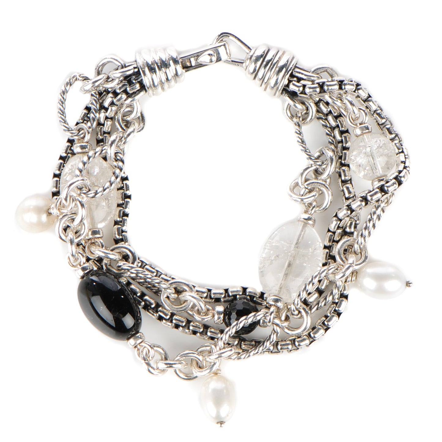 Sterling Silver Pearl Black Onyx 17mm Bijoux Multistrand Beaded Bracelet