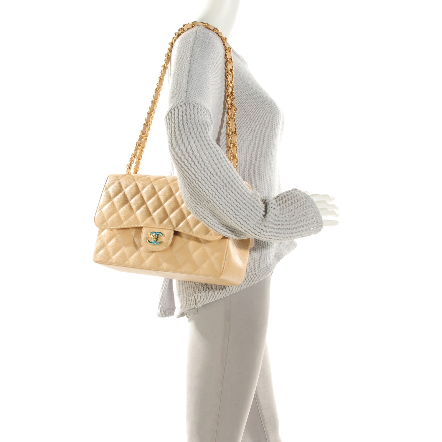 Chanel Caviar Quilted Jumbo Double Flap Light Beige 2 of 7