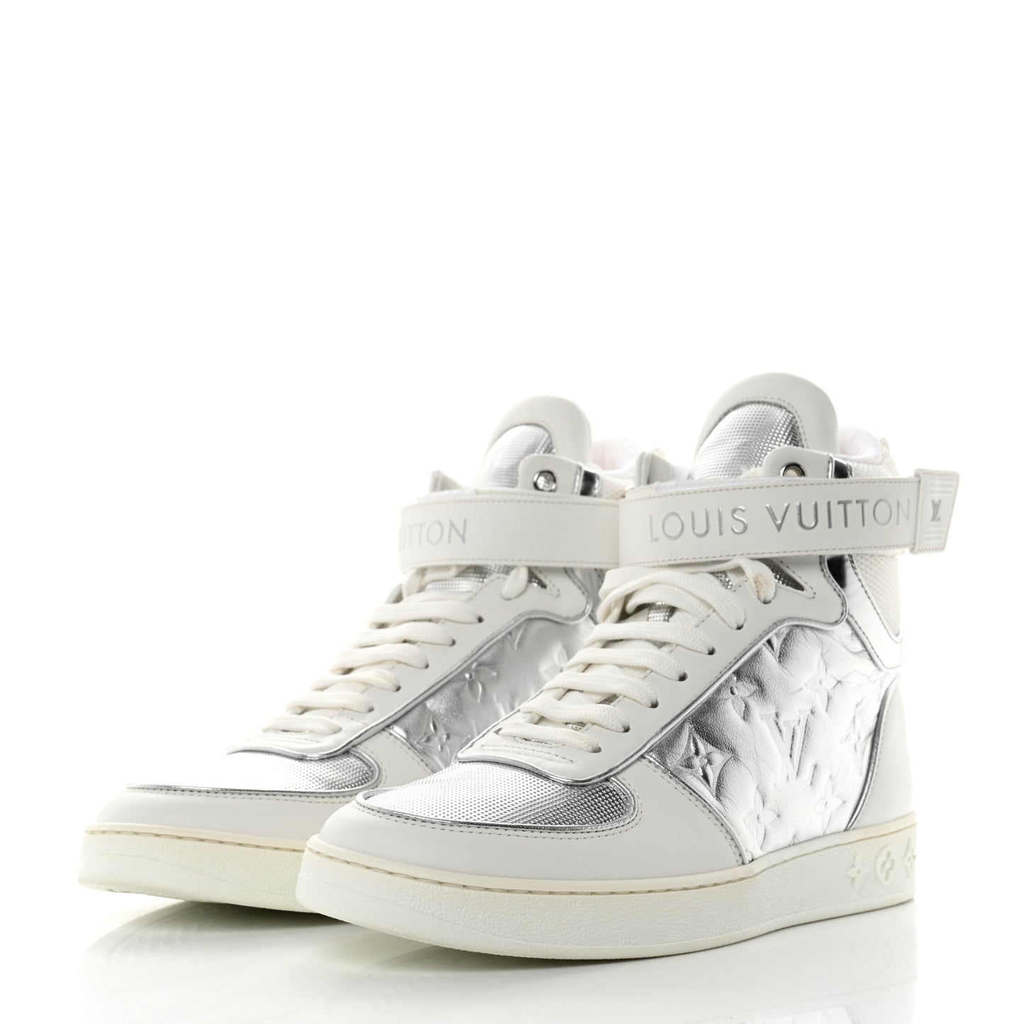 Metallic Calfskin Embossed Monogram Boombox Sneakers 36.5 White Silver