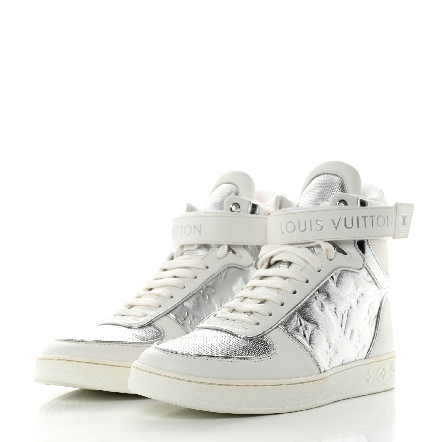 Louis Vuitton Metallic Calfskin Embossed Monogram Boombox Sneakers 36.5 White Silver 3 of 10