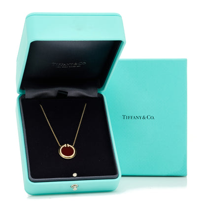 Tiffany 18K Yellow Gold Diamond Carnelian 8mm T Circle Pendant Necklace 6 of 6