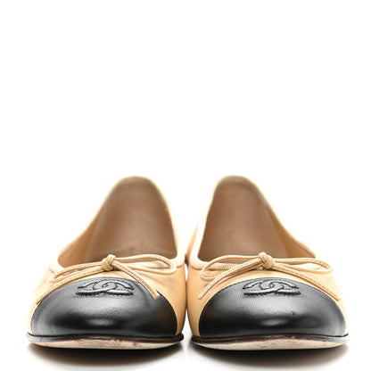 Chanel Lambskin Cap Toe CC Ballerina Flats 38 Beige Black 2 of 13