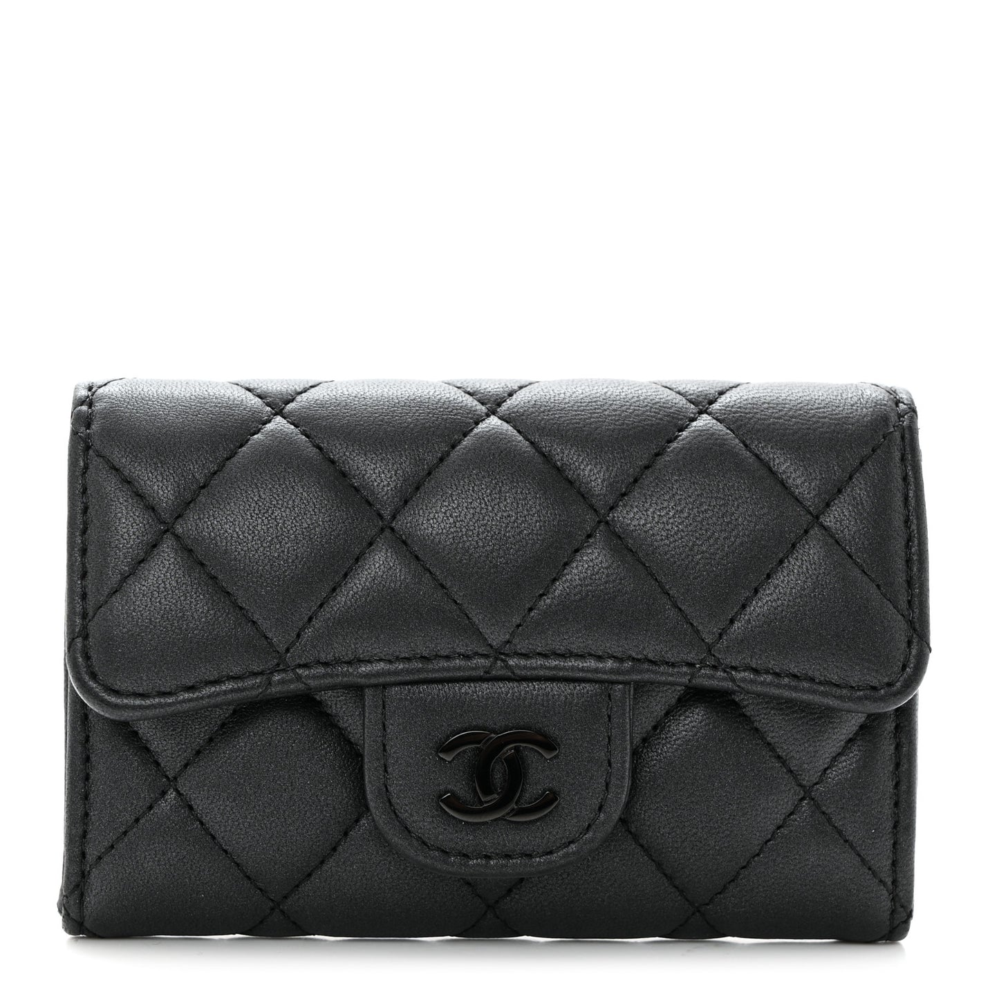 Pearly Lambskin Quilted Flap Card Holder Wallet So Black