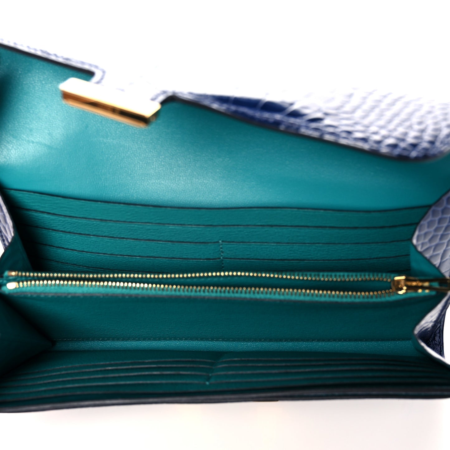 Shiny Alligator Verso Constance Long Wallet Bleu Saphir Bleu Paon
