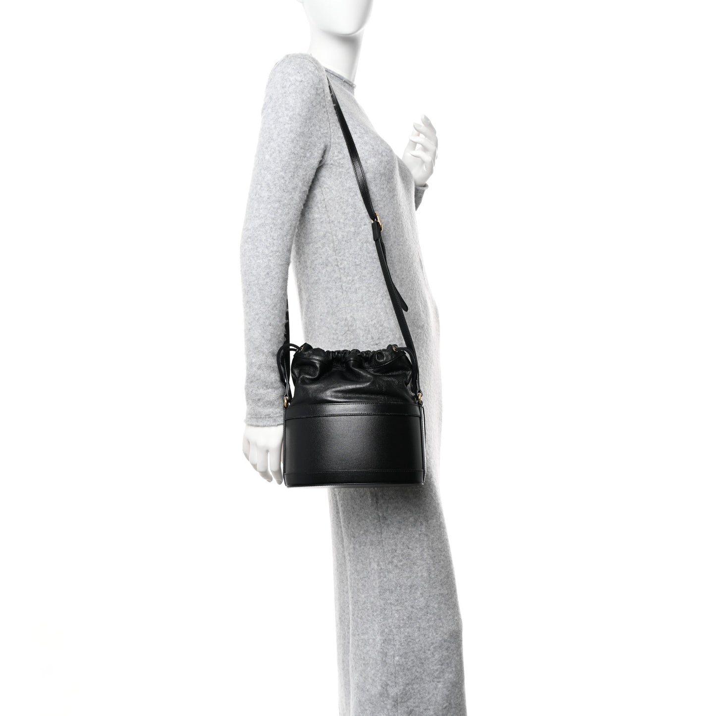 Azalea Sakai Calfskin Horsebit 1955 Drawstring Bucket Bag Black