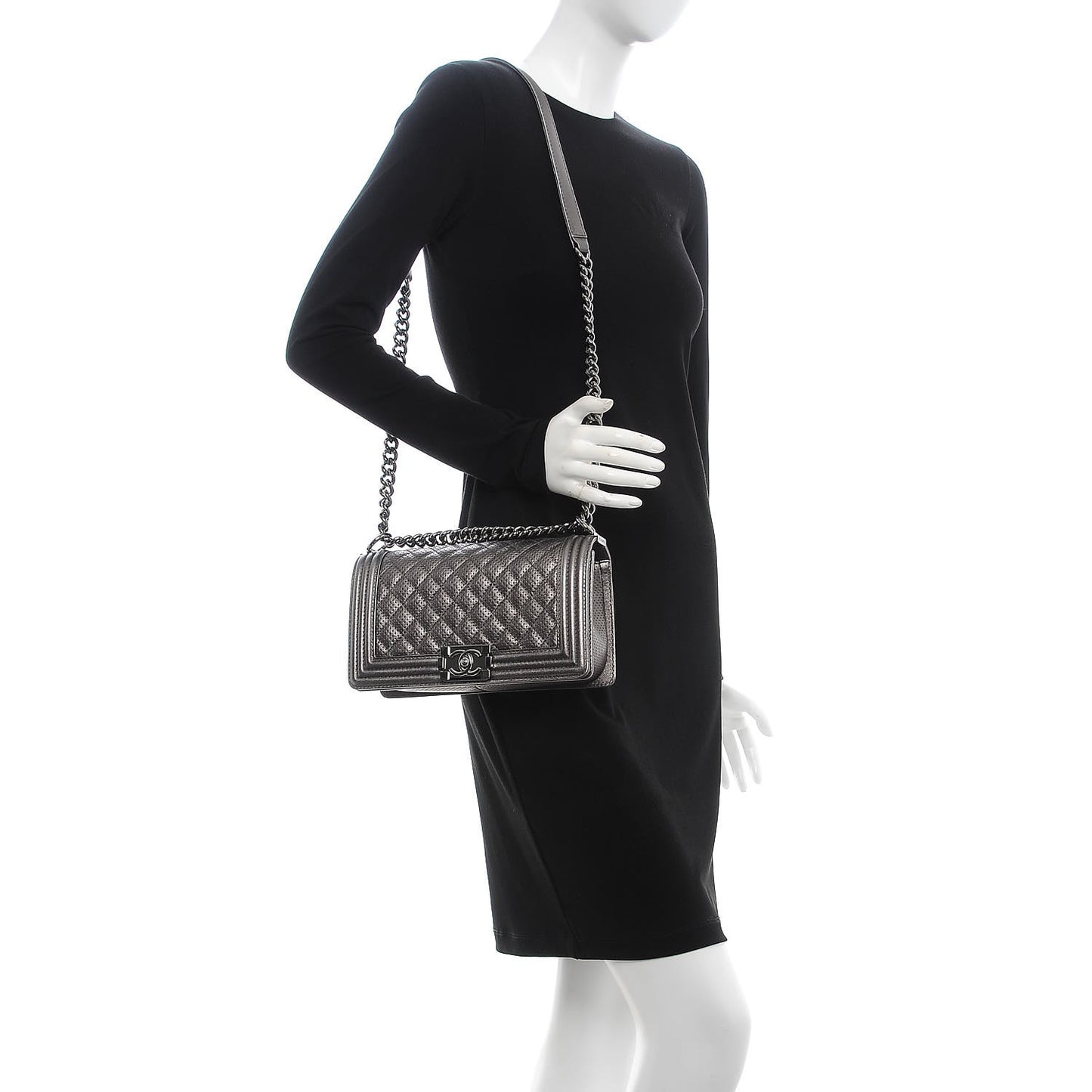 Metallic Lambskin Perforated Medium Boy Flap Dark Silver