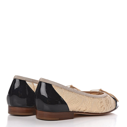 Chanel Lace Patent Cap Toe CC Ballerina Flats 35 Beige Black 4 of 10