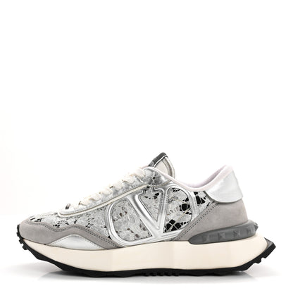 Valentino Garavani Metallic Calfskin Lace Mesh Lacerunner Sneaker 38.5 Silver Pastel Gray 1 of 15
